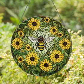 Detailed Honeybee Sunflower Foliage Tiffany Glass - Nature Lover Home Window Decor Gift Stained Glass Suncatcher