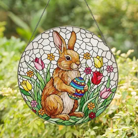 Brown Bunny Rabbit Easter Egg Stained Glass Tulips Mosaic Spring Window Decor for Her Stained Glass Suncatcher