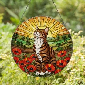 Blissful Brown Tabby Cat Poppy Stained Glass - Tiffany Style Sunrise Window Decor Stained Glass Suncatcher