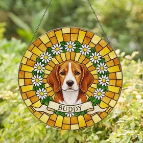 Beagle Mix Puppy White Daisy Wreath 'BUDDY' Stained Glass Tiffany Amber Yellow Geometric Stained Glass Suncatcher