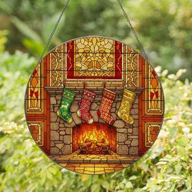 Tiffany Style Stained Glass Fireplace Christmas Stockings - Jewel Tone Holiday Decor Gift Stained Glass Suncatcher
