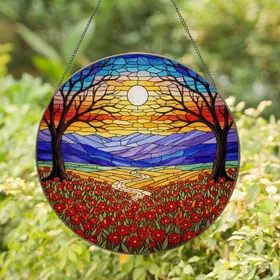 Luminous Full Moon Tiffany Stained Glass Bare Trees Wildflower Mountain Landscape Stained Glass Suncatcher