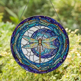 Iridescent Dragonfly Crescent Moon Starry Night Mosaic - Tiffany Glass Home Decor Stained Glass Suncatcher
