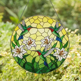 Three Vibrant Hummingbirds White Lilies Tiffany Stained Glass Art Home Decor Gift Stained Glass Suncatcher