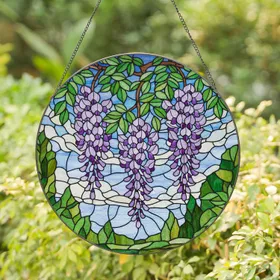 Detailed Tiffany Glass Wisteria Flowers - Violet Lavender Emerald Green Art Mosaic Stained Glass Suncatcher