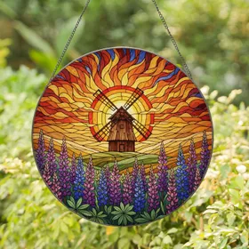 Rustic Windmill Sunset Stained Glass Art - Tiffany Style Lupine Flowers Amber Hills Scene Stained Glass Suncatcher