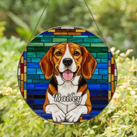 Tricolor Beagle Dog Stained Glass Mosaic Art with Pet Name Bailey - Gift for Dog Owners Stained Glass Suncatcher