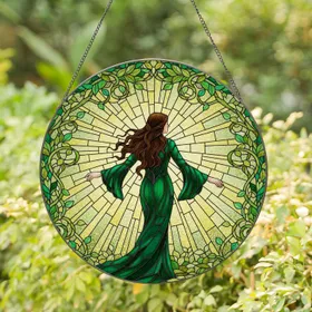 Graceful Woman Emerald Gown Stained Glass Sunlit Clearing Green Leaves Vines Jewel Tones Tiffany Art Stained Glass Suncatcher