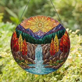 Orange Yellow Autumn Trees Waterfall River - Mountain Sun Tiffany Glass Decor Stained Glass Suncatcher