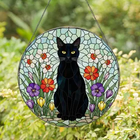 Black Cat Yellow Eyes Spring Flowers Stained Glass Tiffany Mosaic Art - Cat Lover Gift Stained Glass Suncatcher