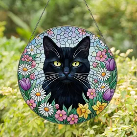 Black Cat Stained Glass Mosaic Spring Flowers Floral Green Foliage - Tiffany Style Art Stained Glass Suncatcher