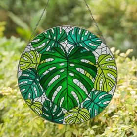Monstera Deliciosa Stained Glass Mosaic Art – Vibrant Green Teal Tropical Window Decor Stained Glass Suncatcher