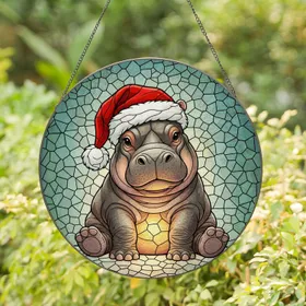 Glowing Baby Hippopotamus Santa Hat Stained Glass - Christmas Holiday Present Animal Art Stained Glass Suncatcher