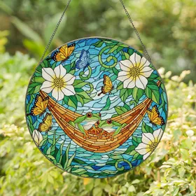 Green Tree Frogs Hammock Butterflies Stained Glass Blossoms - Tiffany Water Mosaic Wildlife Art Stained Glass Suncatcher