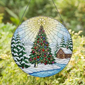 Christmas Tree Ornaments Penguin Snow Cabin Winter Landscape Sun Rays - Festive Holiday Stained Glass Suncatcher