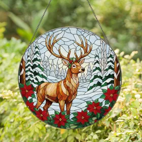 Stag Antlers Poinsettia Snowy Winter Forest - Tiffany Glass Christmas Holiday Decor Gift Stained Glass Suncatcher
