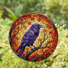 Majestic Raven Stained Glass Art - Tiffany Style Iridescent Feathers Tree Branch Autumn Leaves Stained Glass Suncatcher