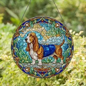 Basset Hound Dog Stained Glass Art - Intricate Tiffany Style Jewel Tone Pet Mosaic Stained Glass Suncatcher