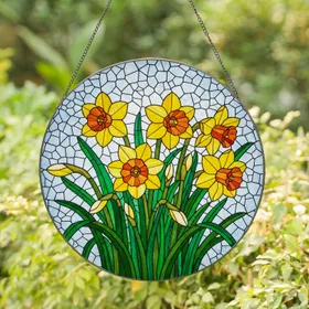 Blooming Daffodil Bouquet Stained Glass Mosaic - Glowing Detailed Translucent Tiffany Art Stained Glass Suncatcher