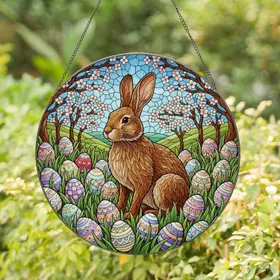 Brown Rabbit Easter Eggs Stained Glass Tiffany Art - Spring Holiday Gift Decor Stained Glass Suncatcher