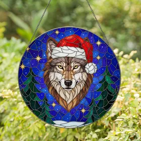 Majestic Wolf Santa Hat Stained Glass Winter Night Pine Trees - Christmas Holiday Gift Stained Glass Suncatcher