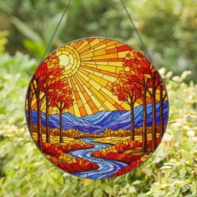 Rising Sun Mountain Autumn Trees Pathway Shrubs - Glowing Stained Glass Window Art Stained Glass Suncatcher