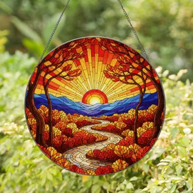 Autumn Landscape Setting Sun Mountains River Gnarled Trees Stained Glass Style - Fall Decor Stained Glass Suncatcher