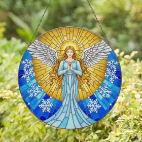 Radiant Praying Angel Tiffany Style Stained Glass Art Silver Wings Blue Snowflakes Stained Glass Suncatcher