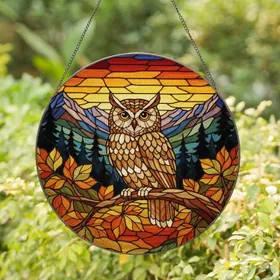 Majestic Wide-Eyed Owl Glowing Tiffany Stained Glass Autumn Mountain Pine Jewel Tones Stained Glass Suncatcher