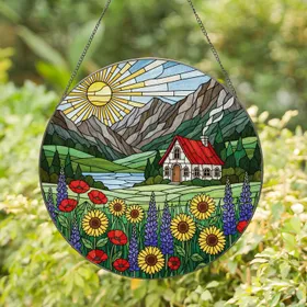 Cozy Cottage Red Roof Lake Mountain Sun Wildflower Tiffany Stained Glass Scenic Art Decor Stained Glass Suncatcher