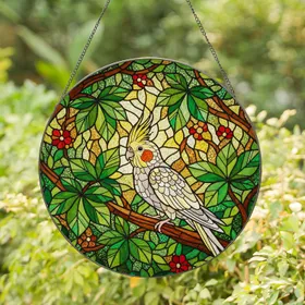 Vibrant Cockatiel Yellow Crest Stained Glass Tiffany Style Translucent Garden Forest Mosaic Stained Glass Suncatcher