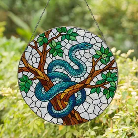 Vibrant Blue-Green Snake Stained Glass Art with Gnarled Tree Branch & Iridescent Mosaic Stained Glass Suncatcher