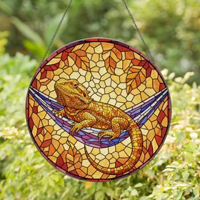 Bearded Dragon Stained Glass Hammock Mosaic Art | Tiffany Jewel Tones Geometric Patterns Stained Glass Suncatcher