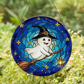 Cartoon Ghost Witch Hat Broomstick Celestial Stars Tiffany Stained Glass Halloween Gift Stained Glass Suncatcher