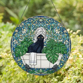 Black Cat Bathtub Monstera Jewel Tone Stained Glass - Relaxing Spa Garden Decor Gift Stained Glass Suncatcher