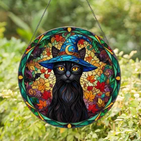 Black Cat Witch Hat Autumn Leaves Bat Silhouettes Tiffany Glass Style - Fall Halloween Decor Stained Glass Suncatcher