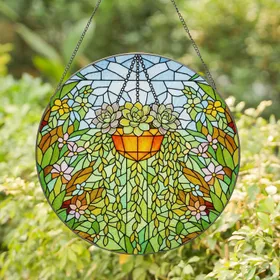 Hanging Succulent Plant Stained Glass - Tiffany Style Garden Window Decor Gift for Plant Lovers Stained Glass Suncatcher