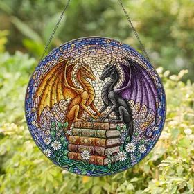 Stained Glass Golden Amethyst Dragons, Ancient Books, Daisy Lavender Flowers Art Stained Glass Suncatcher