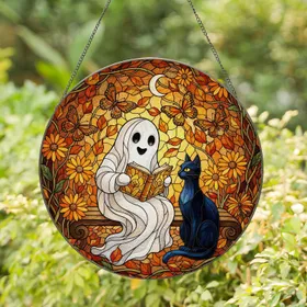 Stained Glass Ghost Reading Book Black Cat Autumn Wildflowers Crescent Moon Stained Glass Suncatcher