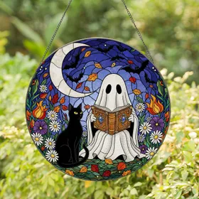 Ghost & Black Cat Reading Book with Moon & Bats - Stained Glass Autumn Halloween Art Stained Glass Suncatcher