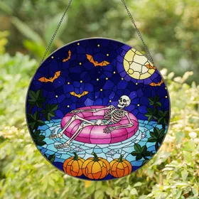 Skeletal Figure Pink Pool Stained Glass Tiffany Art - Starry Night Pumpkins Bats Moon Stained Glass Suncatcher