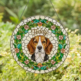 Detailed Stained Glass Beagle Dog Teddy with Green Leaves Flowers – Dog Lover Gift Stained Glass Suncatcher