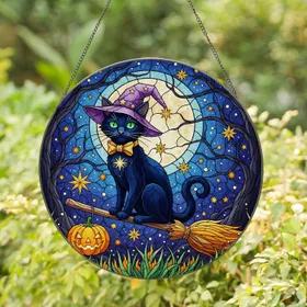 Black Cat Witch Hat Broomstick Jack-o'-lantern Glowing Stars - Starry Night Halloween Decor Stained Glass Suncatcher