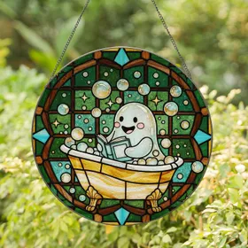 Stained Glass Ghost Reading Book in Bathtub with Bubbles & Stars - Glowing Jewel Tones Stained Glass Suncatcher