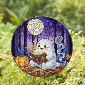 Tiffany Style Ghost Reading Spellbook - Halloween Night Forest Moon Decor Gift Stained Glass Suncatcher