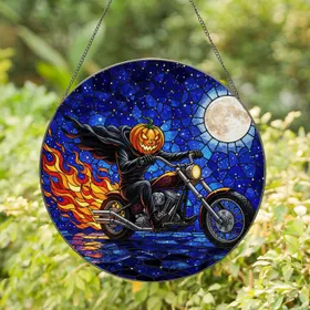 Fiery Jack-o'-lantern Chopper Motorcycle, Starry Night Moon Stained Glass, Halloween Horror Fan Gift Stained Glass Suncatcher