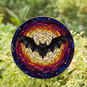 Colorful Stained Glass Bat Full Moon Night Sky Art - Intricate Star Mosaic Design Stained Glass Suncatcher