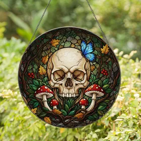 Detailed Skull Butterfly Mushroom Mosaic - Tiffany Stained Glass Home Decor Gift Stained Glass Suncatcher