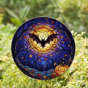 Bat Harvest Moon Jack-O'-Lantern Stained Glass - Autumn Forest Scene Halloween Decor Stained Glass Suncatcher