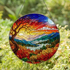 Radiant Full Moon Rising Sun Mountain Valley Tiffany Glass - Autumn Gnarled Tree Art Decor Stained Glass Suncatcher